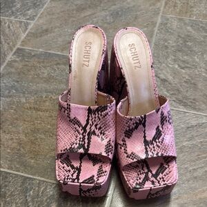 SCHUTZ Pink and Black Snake Print Mules